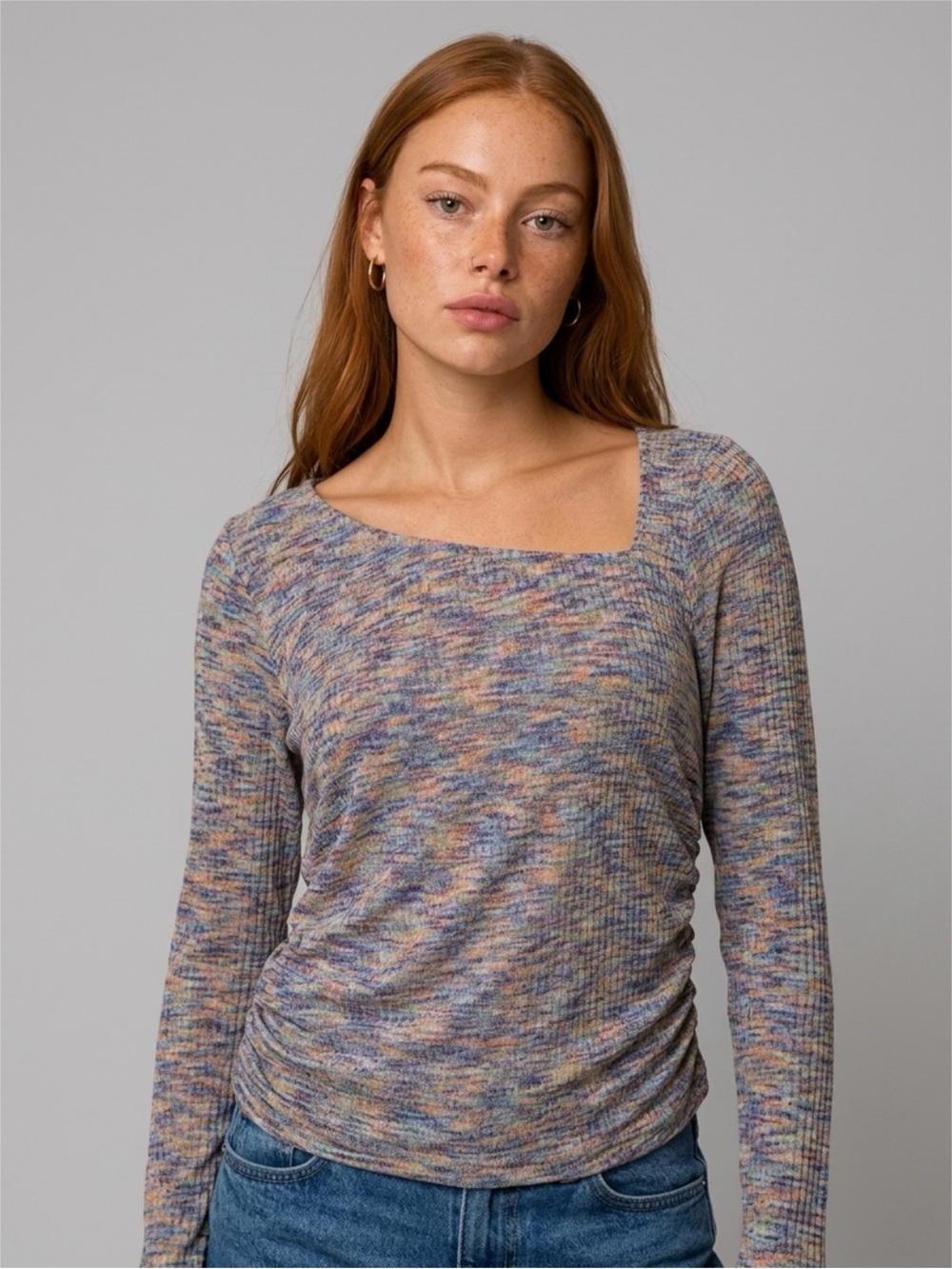 Jessica Simpson Multicolor Ribbed Square-Neck Long Sleeve Tee